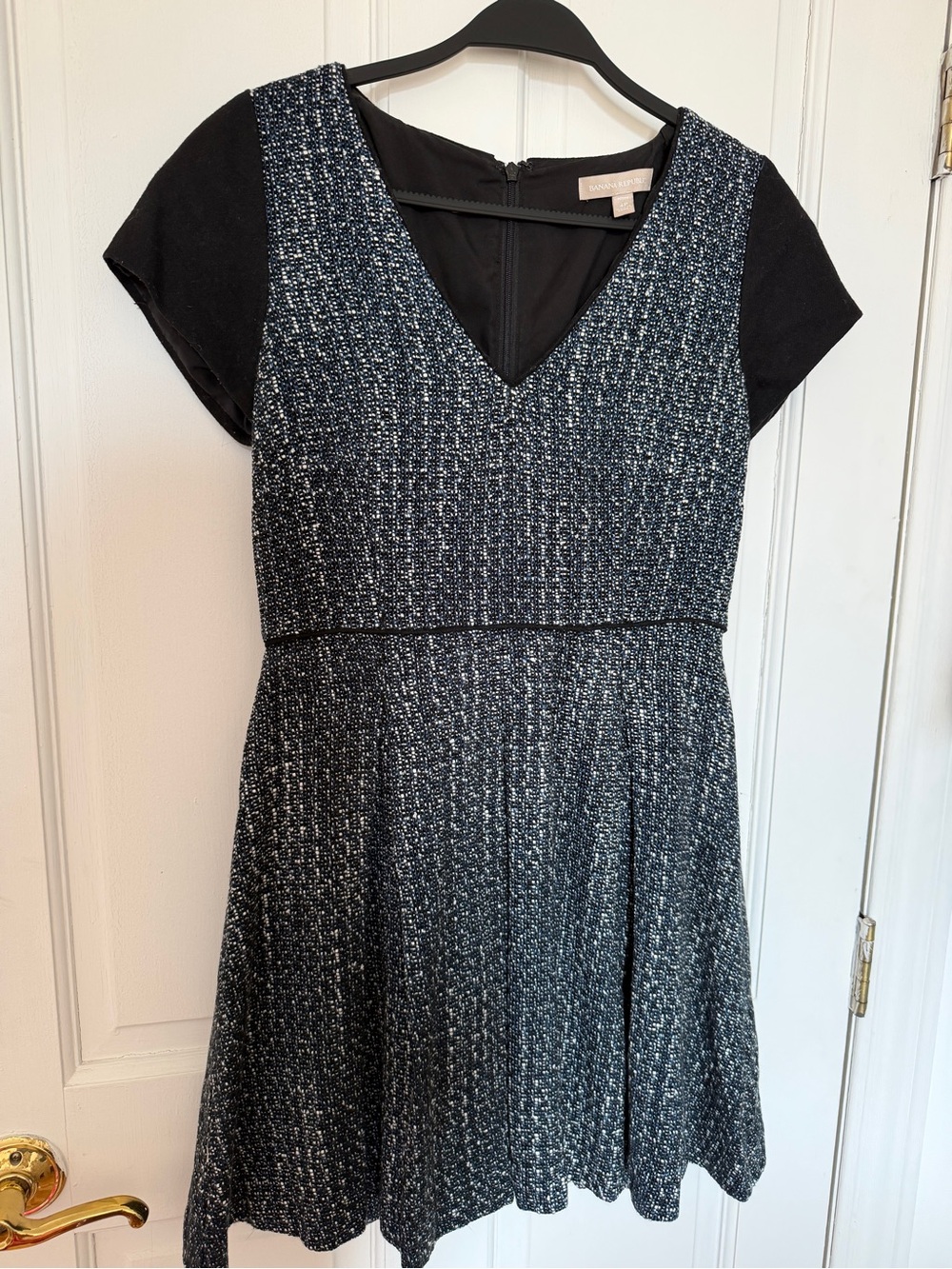 Banana Republic Black & dark blue Tweed V‑Neck Fit-and-Flare Dress